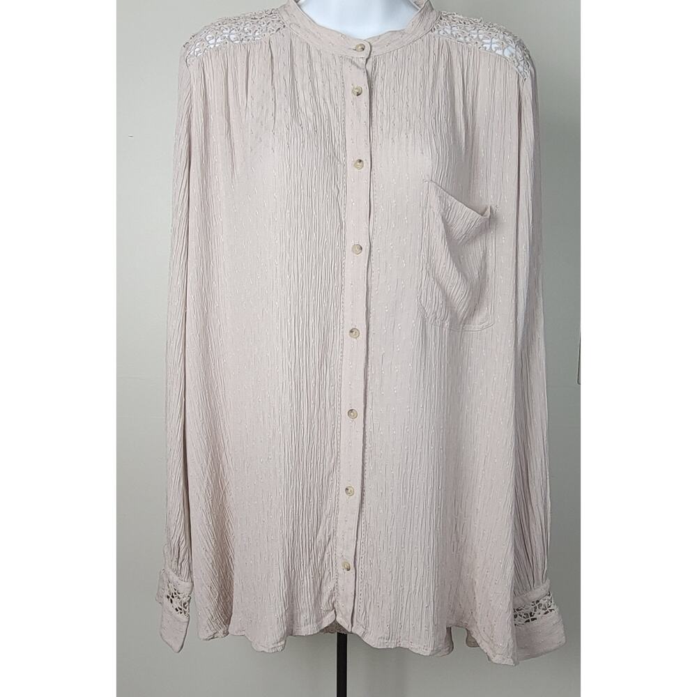 FREE PEOPLE The Best Blouse Button Front Crochet Lace Back Beige size L